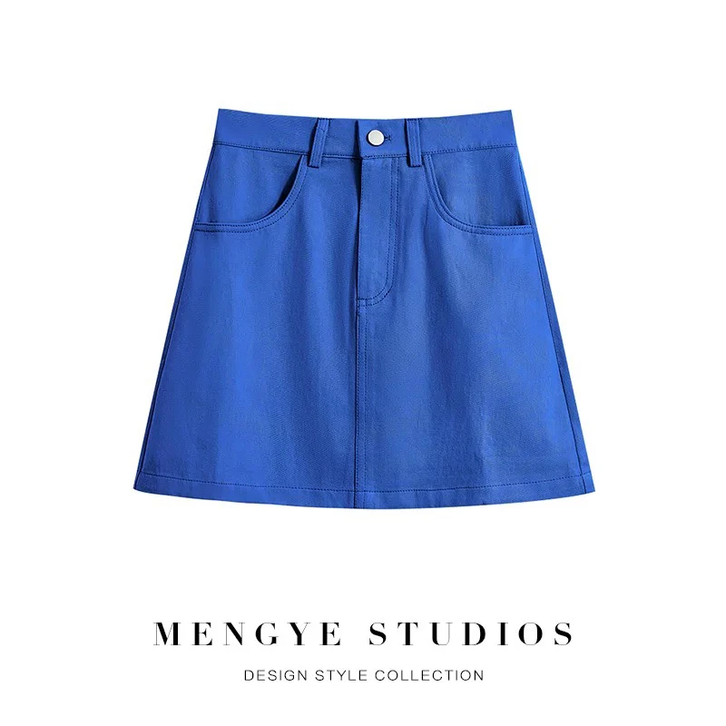 2024克莱因蓝蓝色牛仔短裙a字裙修身显瘦ins潮流新款