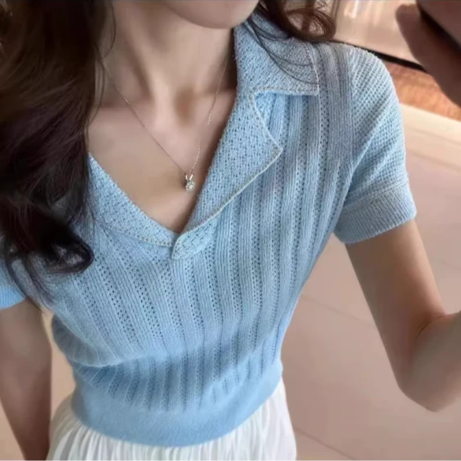 GIRDEAR哥弟 夏季翻领冰丝针织短袖T恤镂空针织衫1399554百搭宽松