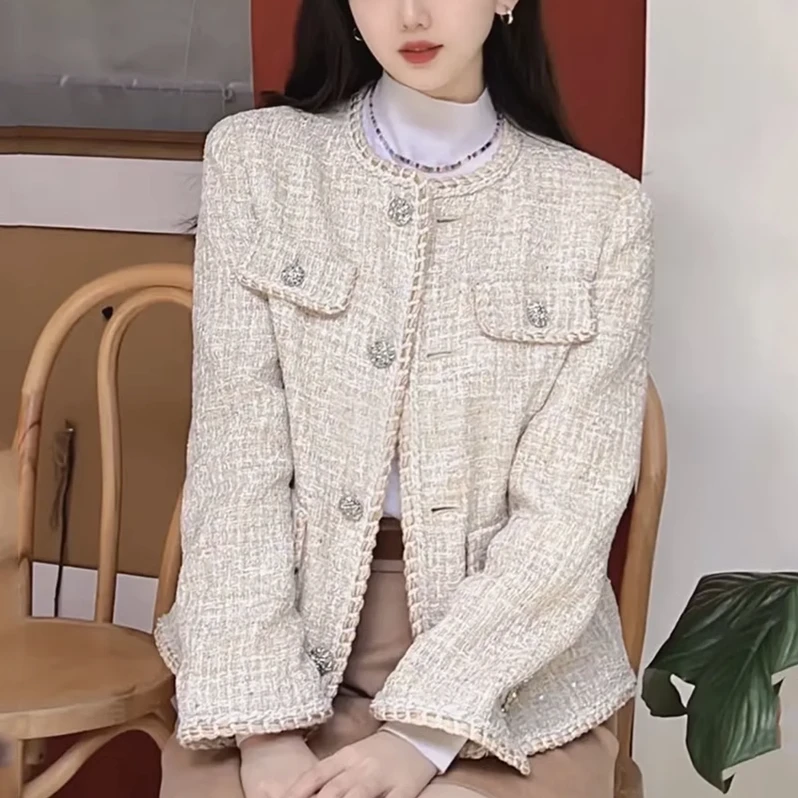 GIRDEAR/哥弟春秋圆领气质短款轻奢粗花呢黑色小香风外套1400642