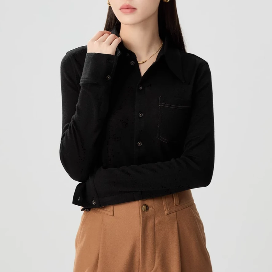 GIRDEAR/哥弟简约收腰显瘦尖领设计毛料长袖衬衫1301044