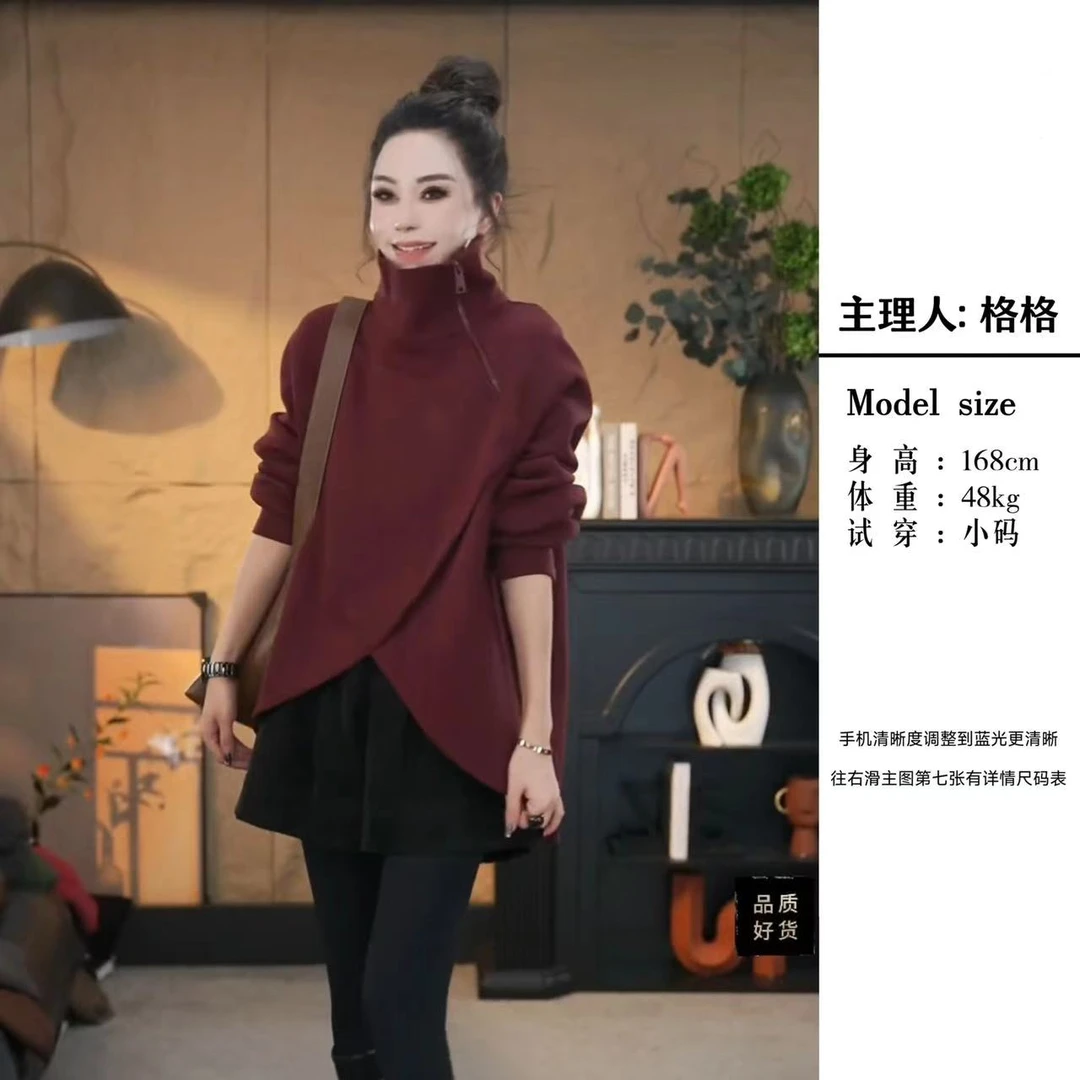 【格小姐】6107-31 秋冬欧版时尚不规则卫衣设计感侧拉链厚款卫衣女