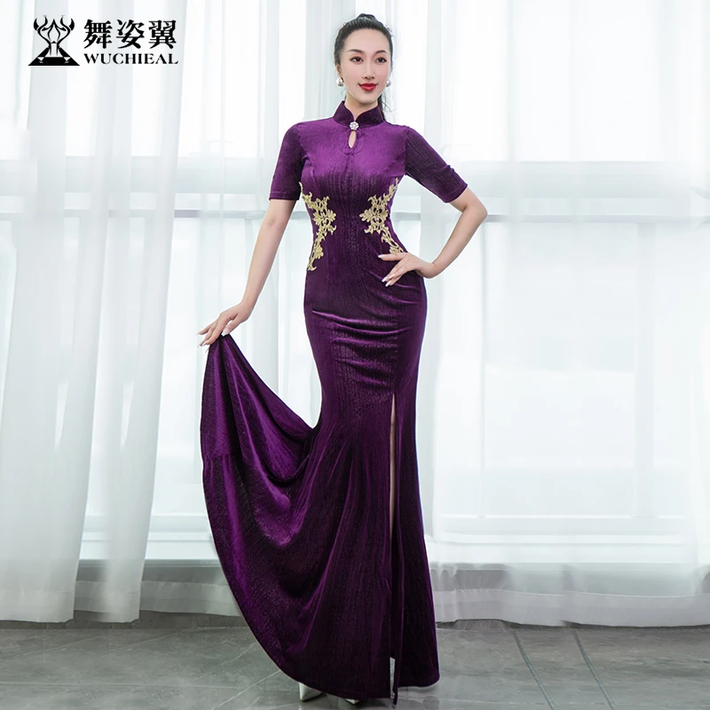 舞姿翼修身显瘦高贵气质中袖长款走秀丝绒旗袍XT801时尚金丝绒