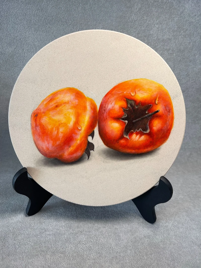 手绘丙烯石头画柿柿如意