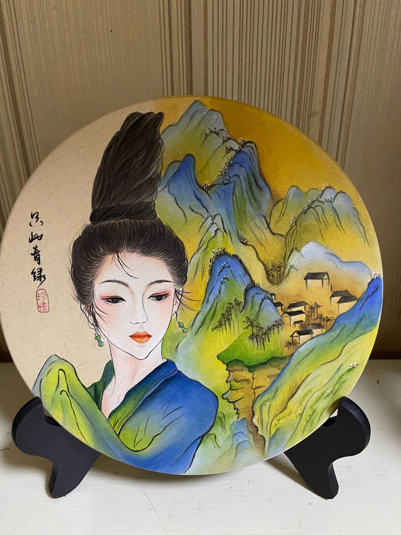 手绘石头画山水摆件