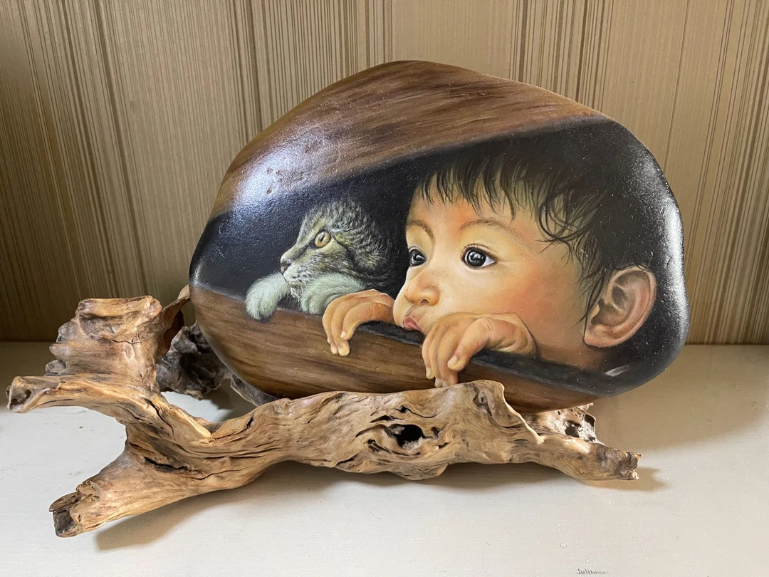 手绘石头画伙伴摆件