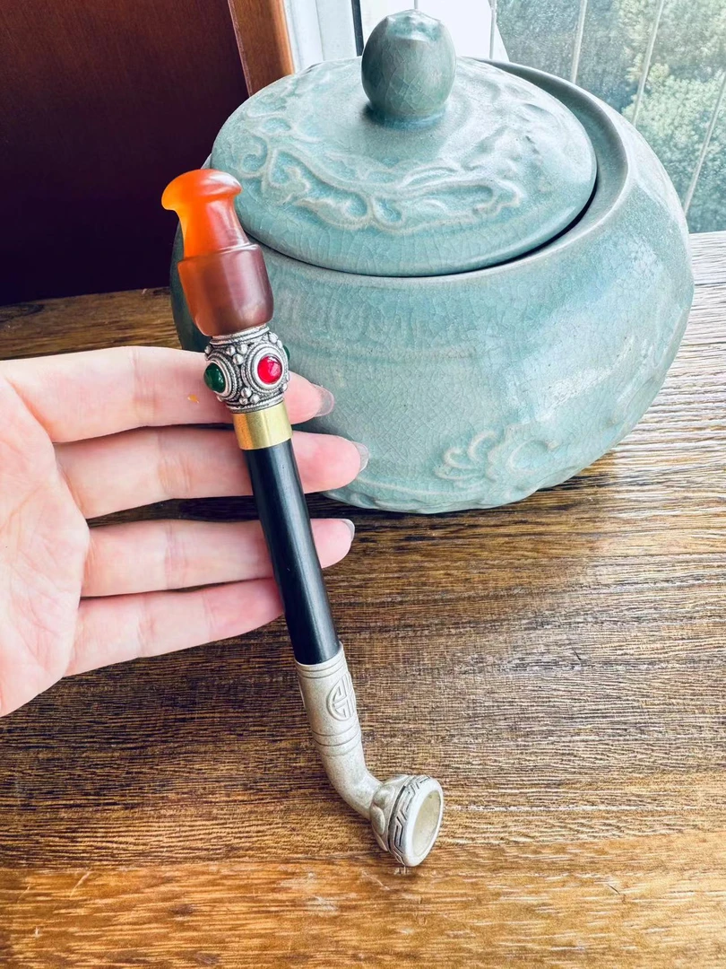 全手工定制传统旱烟袋短款玛瑙烟嘴白铜溜银烟锅