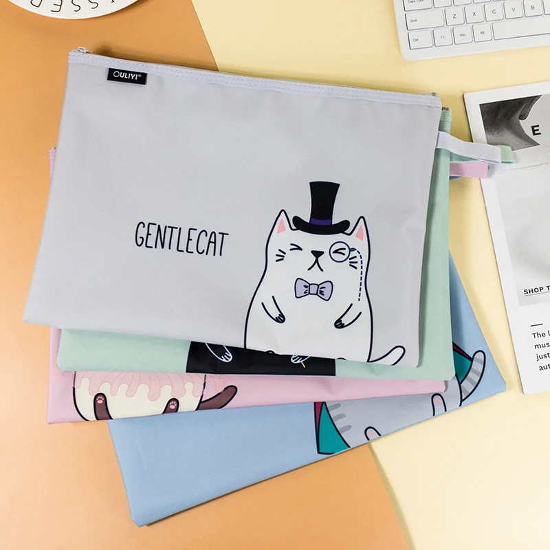 欧力益A4拉链袋防水作业袋课本收纳大手提猫咪卡通文具日常6111
