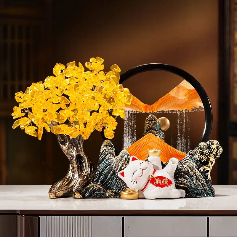 招财猫发财树流沙画摆件办公室客厅招财电视柜酒柜装饰品开业礼物