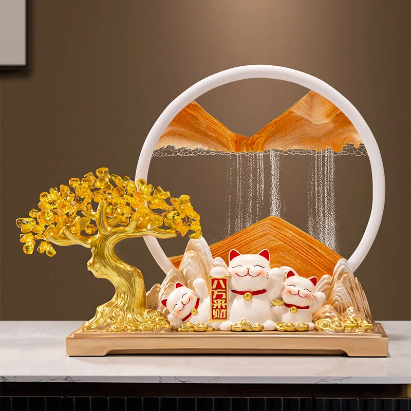 发财树招财猫流沙画摆件办公室客厅酒柜装饰乔迁新居开业礼物大吉