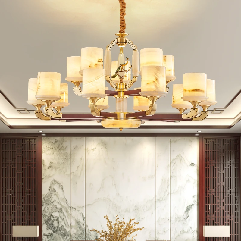 7021新中式吊灯全铜玉石客厅灯高端大气中国风实木别墅复式楼灯具