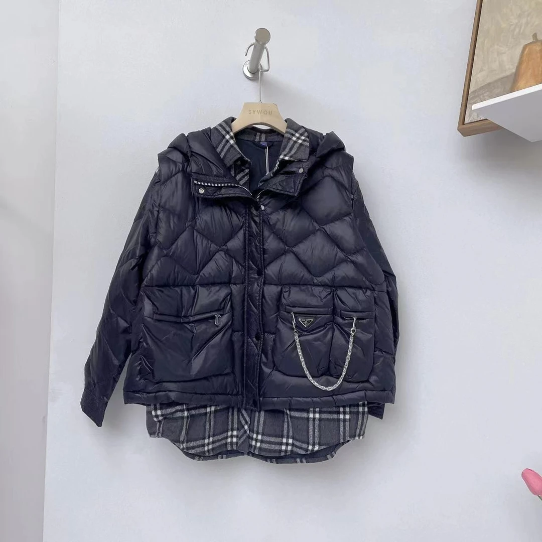 茜舞连帽羽绒服女2024冬格子拼接+马甲外套【Z50W670】