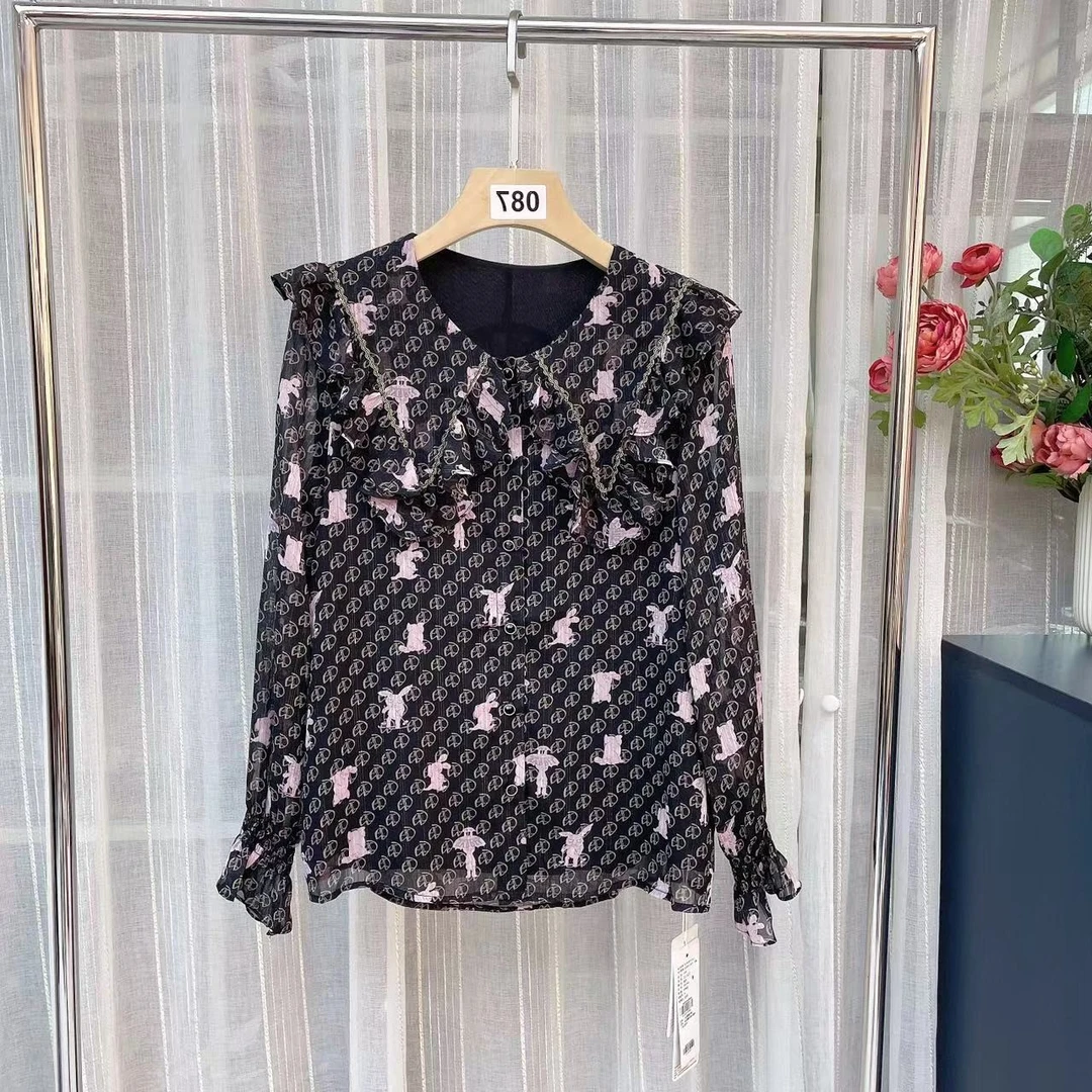 印花雪纺衫女2024时尚百搭花边拼接领上衣【311527】