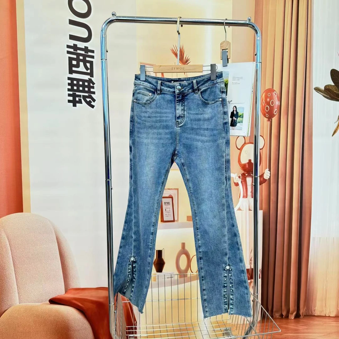 茜舞牛仔裤女2025时尚百搭开叉微喇裤【725815】