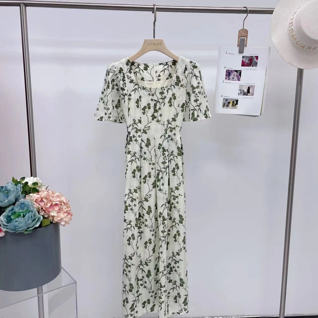 印花连衣裙女2025方领时尚长裙【H222122】