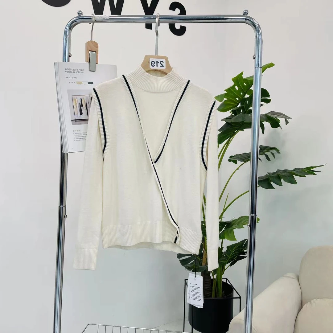 茜舞针织衫女2024绵羊毛时尚拼接假两件打底衫【32F392】