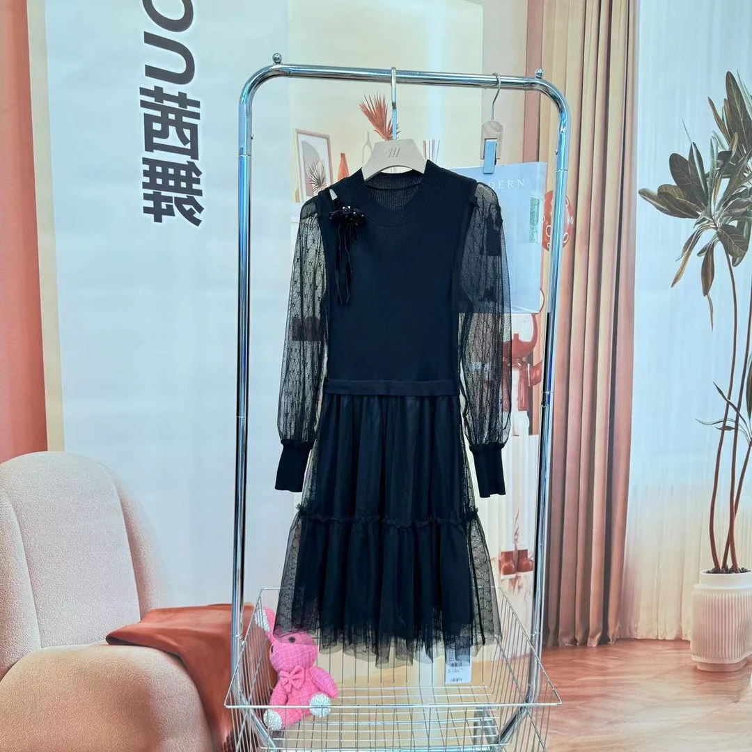 茜舞女装连衣裙2025时尚显瘦针织网纱拼接中长裙【133319】
