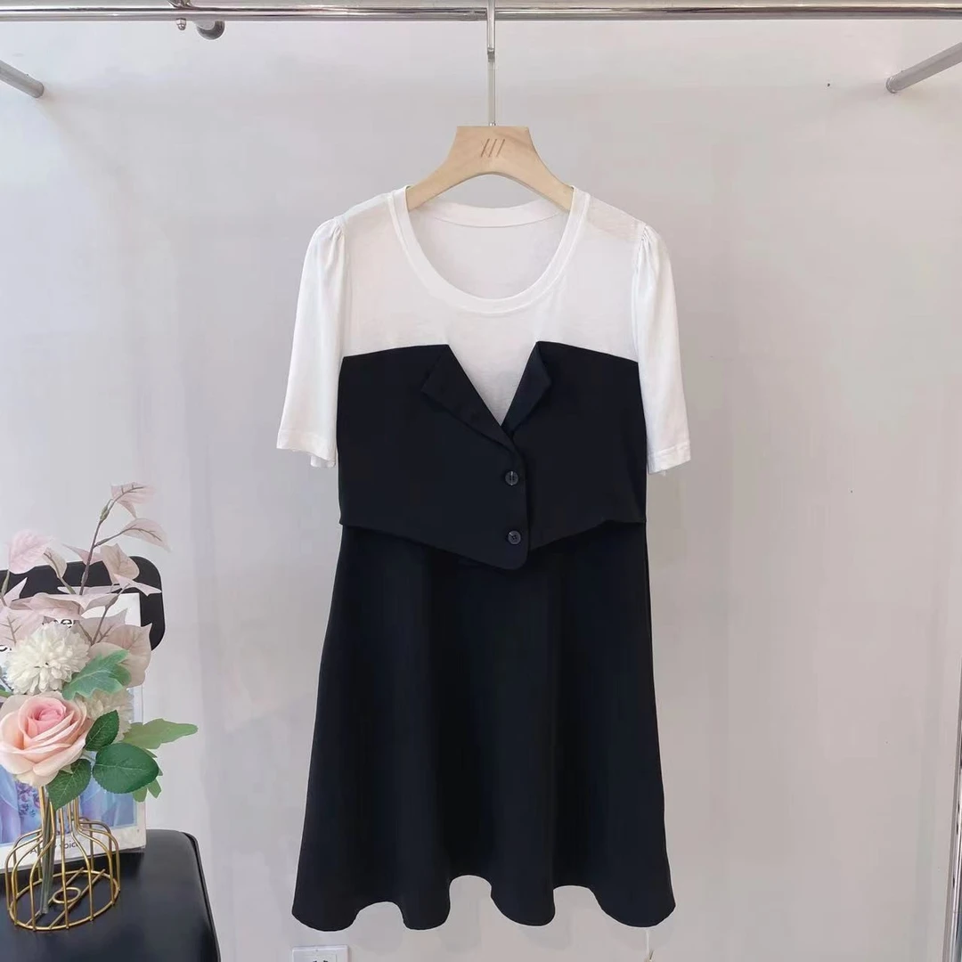 茜舞设计感拼接连衣裙女2024中长裙【D313628】