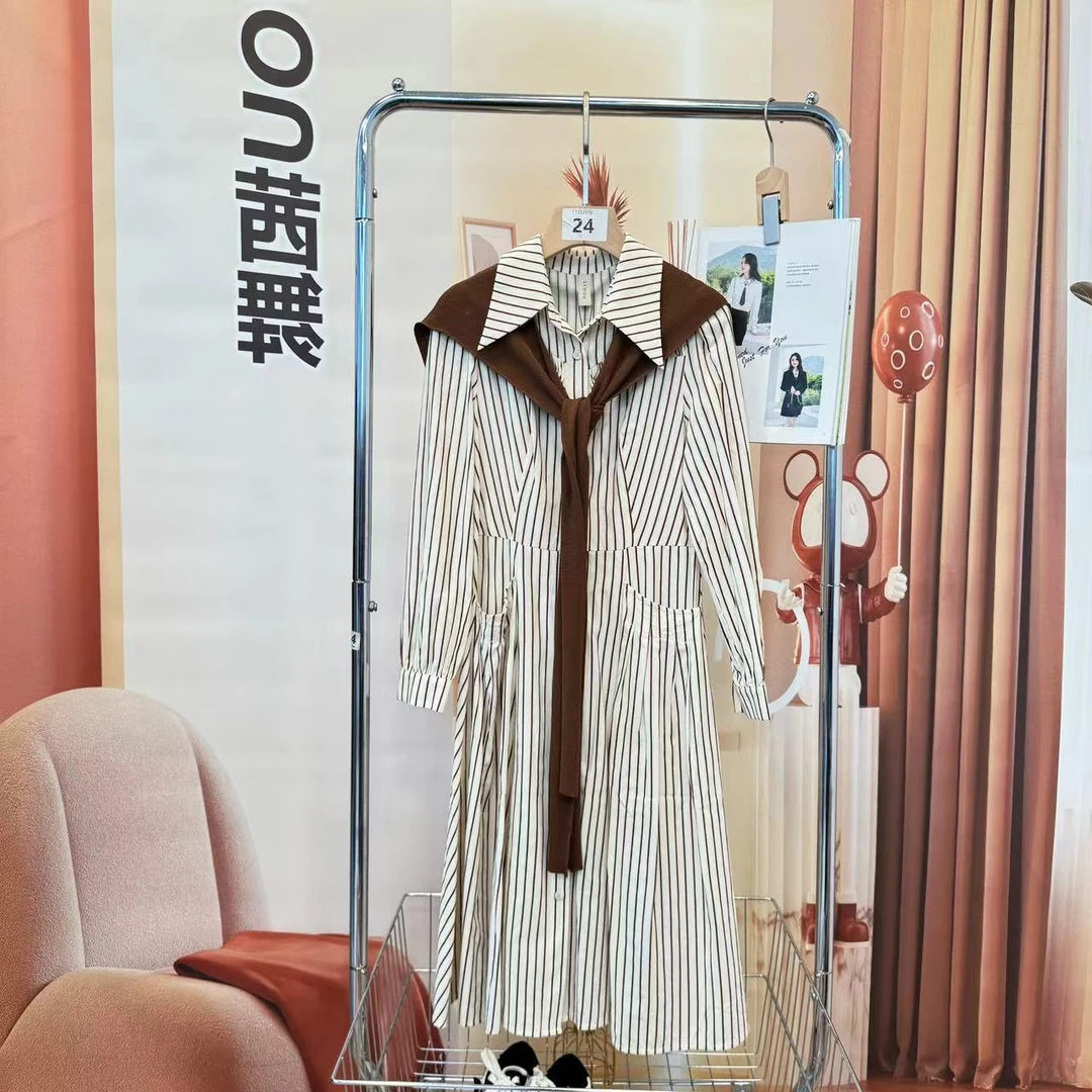 茜舞条纹连衣裙女士2025时尚活动披肩长裙【133119】