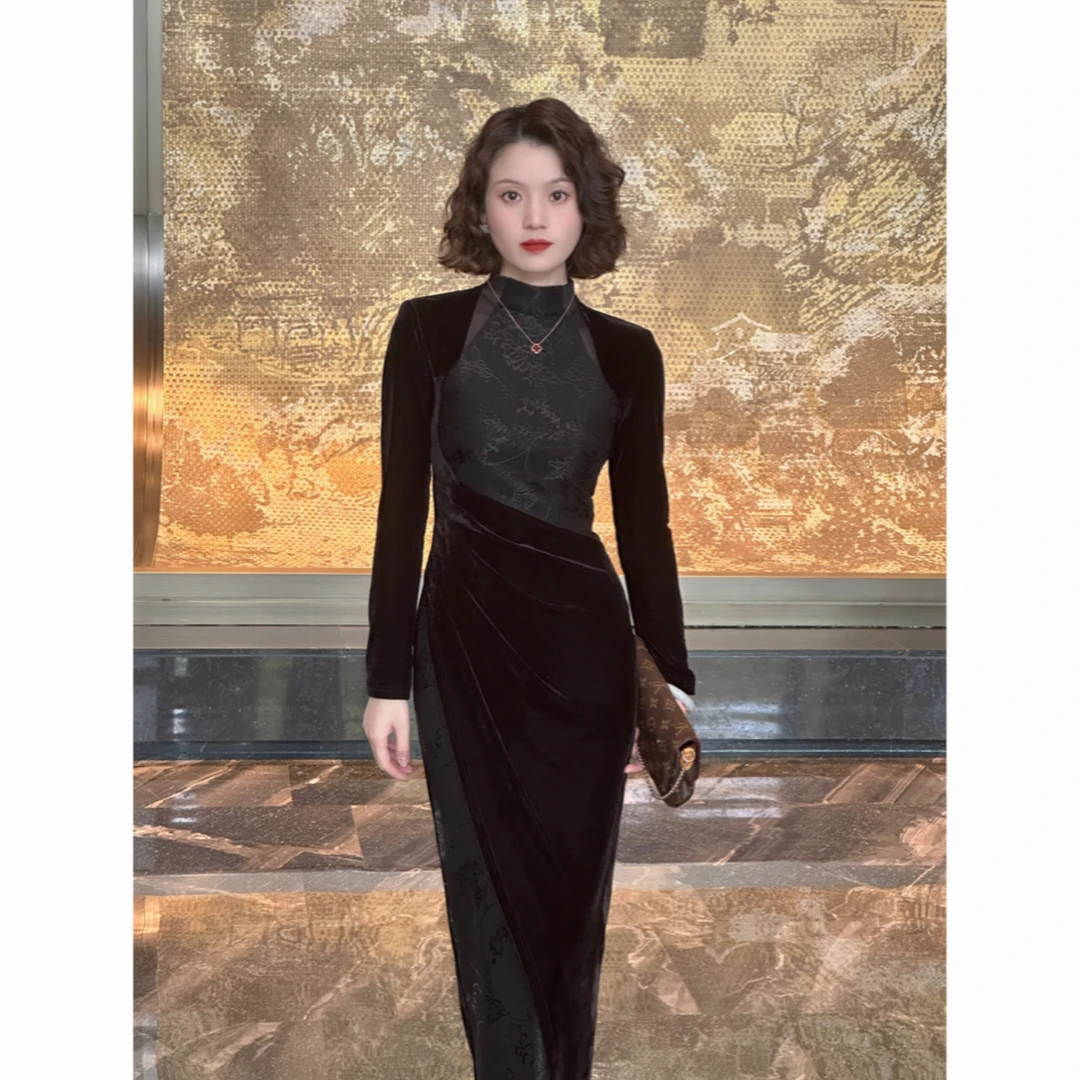 现货【千山沐雪】秋冬季新款日常优雅亮闪收腰修身气质高级感连衣裙