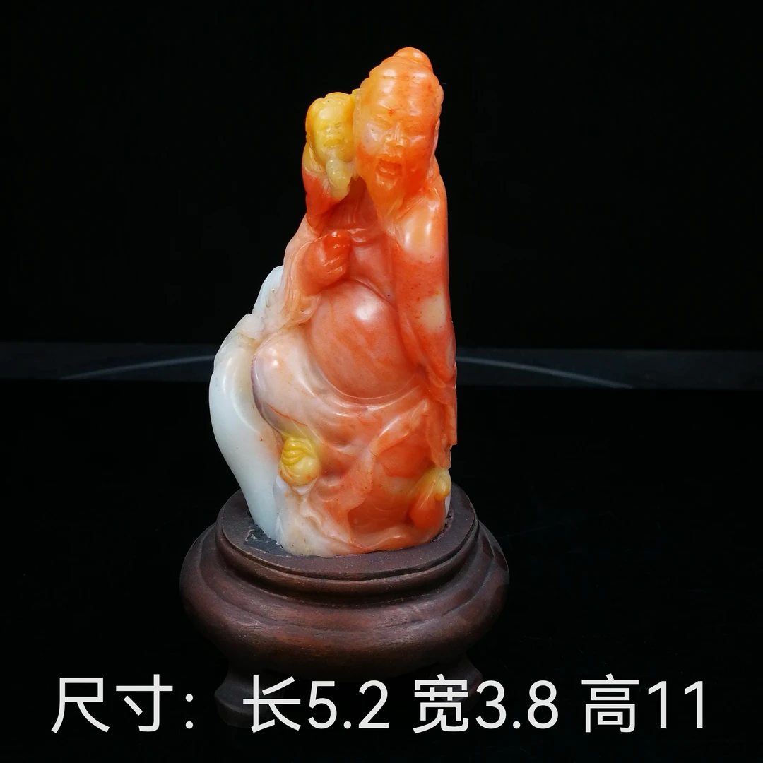 老挝石精品摆件精工手工雕祖孙乐红黄白三彩收藏送礼金石高端礼品