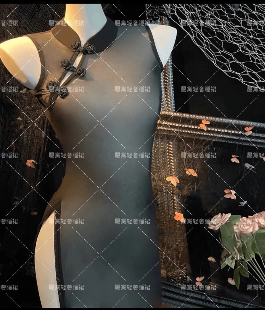 【风华绝代】复古新中式透明玫瑰花盘扣修身显瘦旗袍睡衣