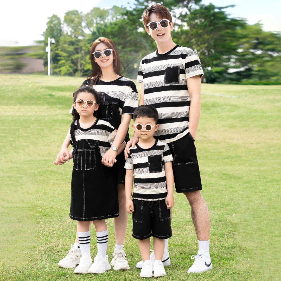 2025新款夏装条纹亲子装一家三口四口全家装母女连衣裙情侣装套装