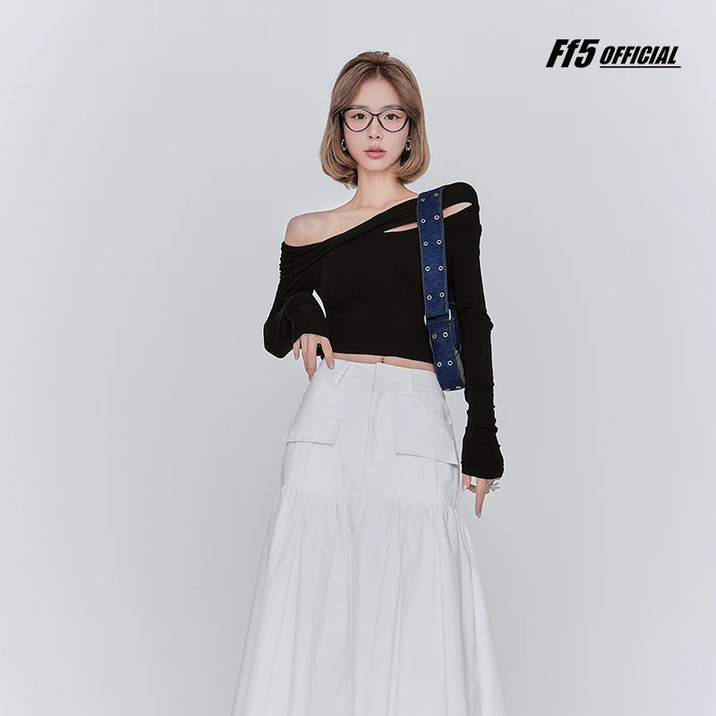 昼夜画刊 个性百搭黑色斜肩镂空打底长袖FFF23013660