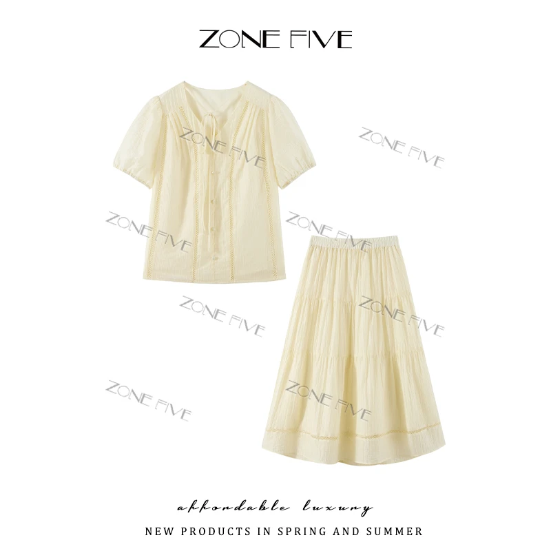 【zonefive】温柔风镂空V领系带衬衫套装半裙129