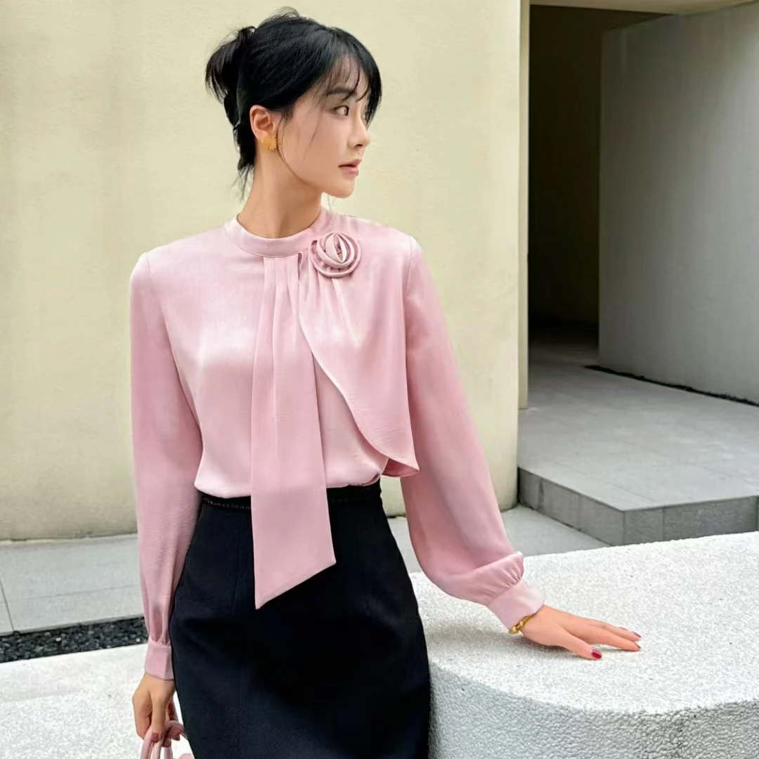 立领立体花朵飘带纯色长袖雪纺衫2024新款法式套头气质衬衫女