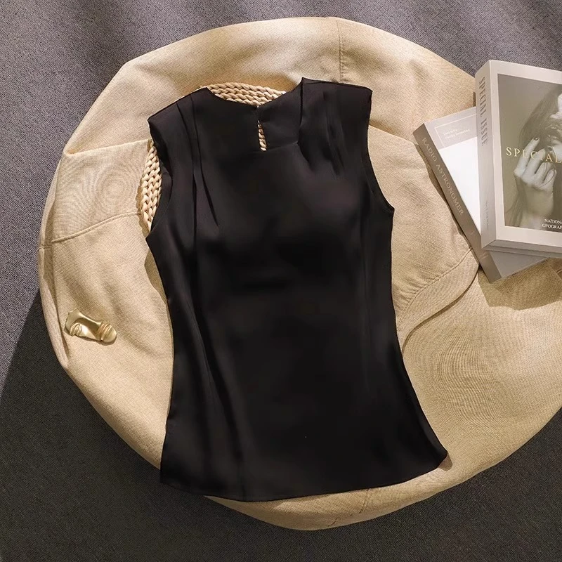 黑色气质打底背心女内搭高级感三醋酸缎面无袖T恤上衣西服打底衫