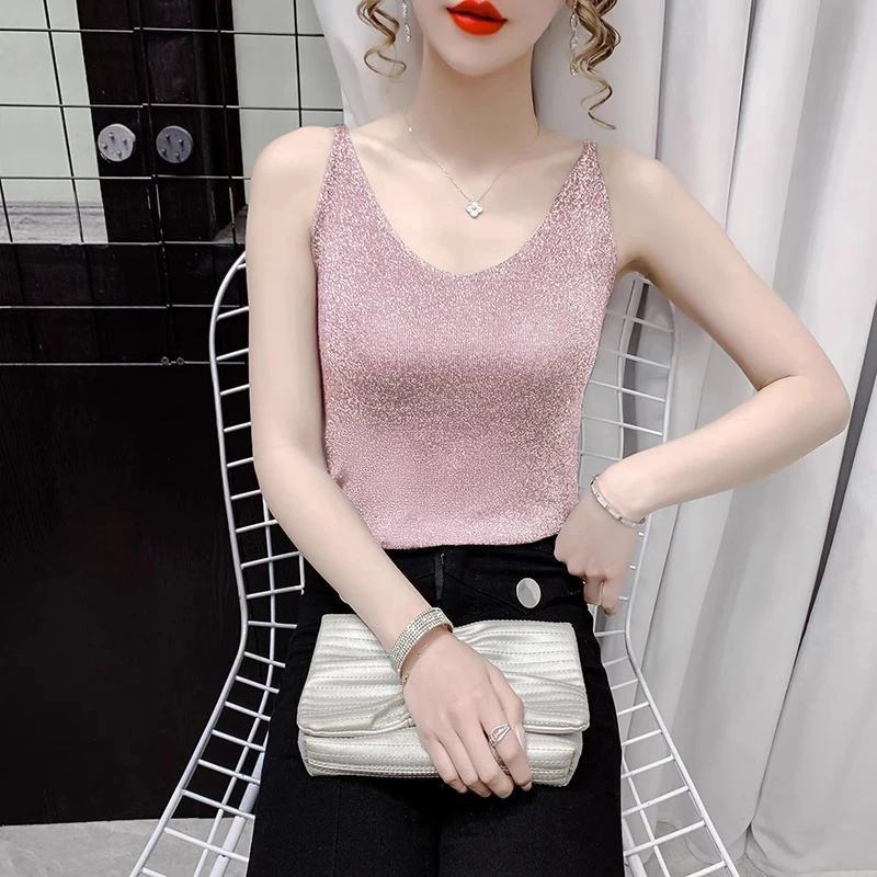 2025年新款冰丝针织背心女内搭夏季薄款亮丝吊带上衣外穿打底衫潮