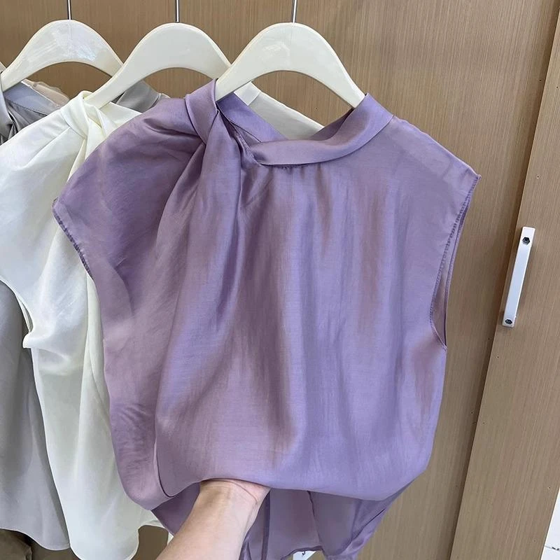 法式缎面无袖衬衫女2025新款夏薄款设计感褶皱小衫冰丝小飞袖上衣