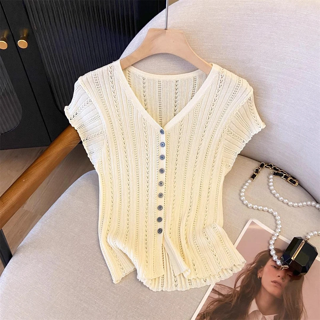 欧货镂空冰丝针织短袖T恤女夏季显瘦时尚气质法式小飞袖开衫上衣