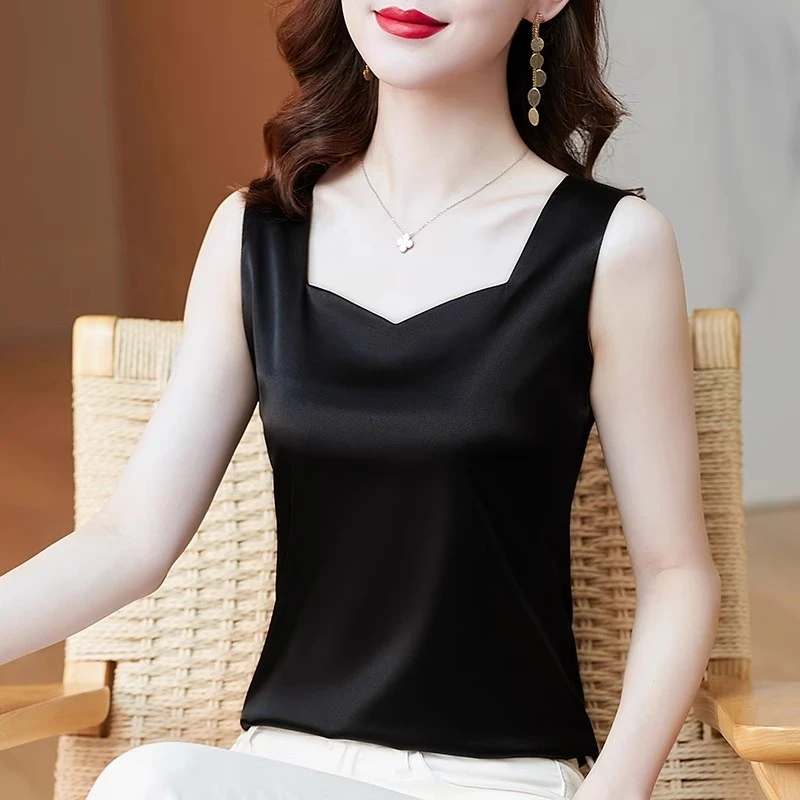 吊带女背心打底宽边2025春夏新款小西装内搭醋酸缎面外穿妈妈上衣