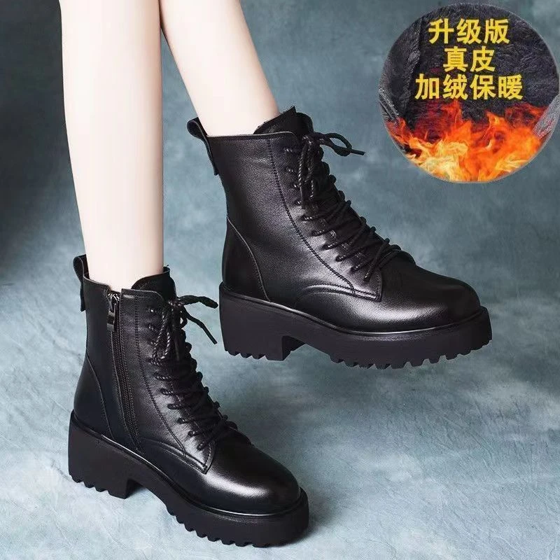 【真皮牛皮】H马丁靴女英伦风中跟2023秋冬加绒保暖短靴子雪地靴