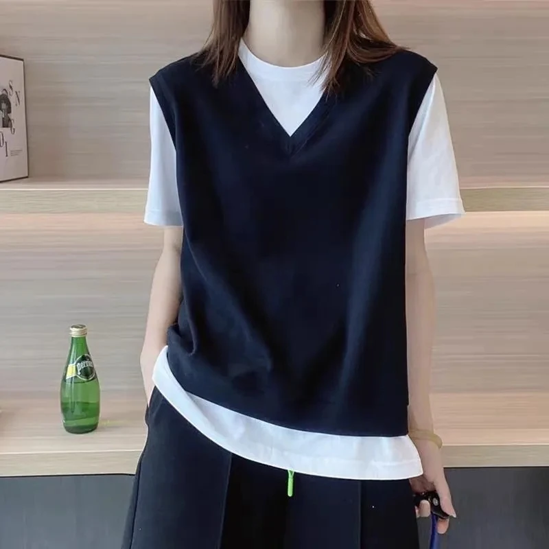 欧货假两件t恤女2025夏季新款宽松遮肉圆领洋气时尚休闲风上衣ins