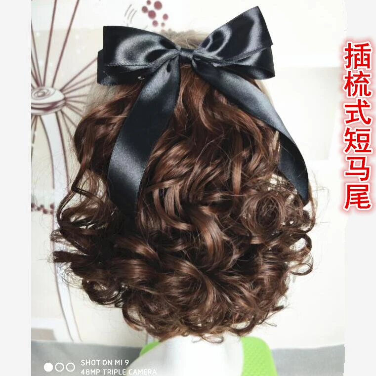 插梳款蝴蝶结马尾短款卷发抓夹式蓬松卷马尾自然卷绑带式短假发