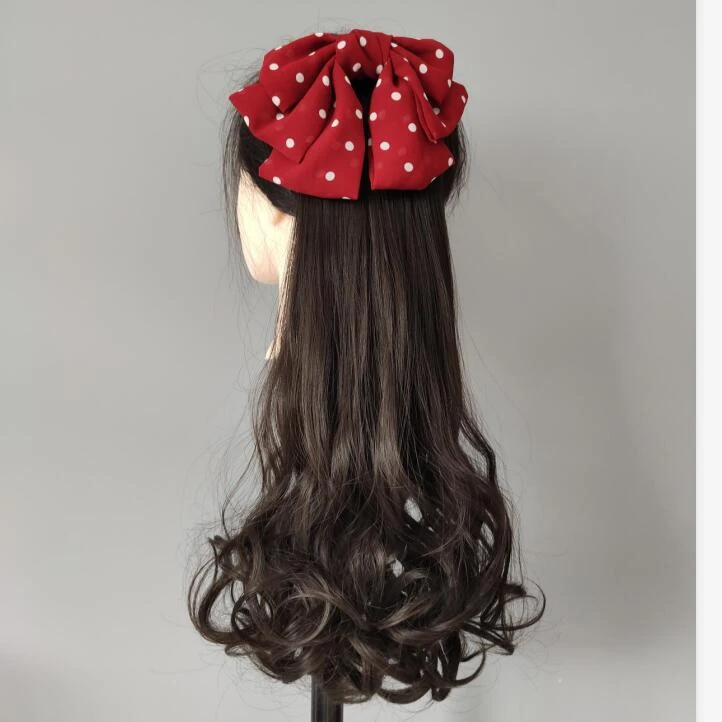 蝴蝶结马尾插梳款梨花卷马尾加长款波点蝴蝶结假发尾卷发大波浪