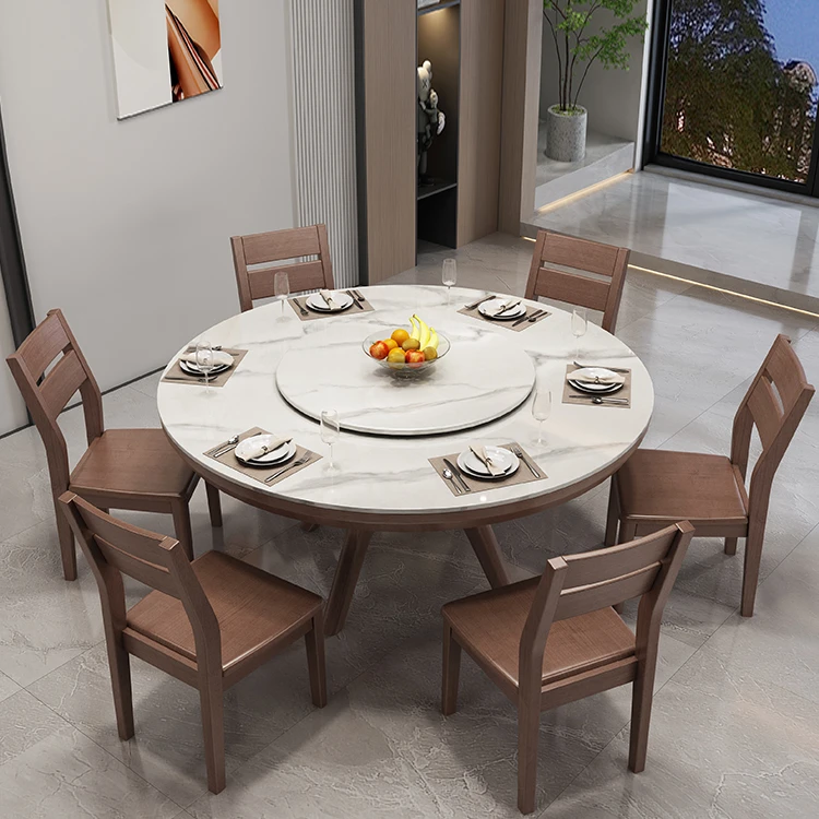 南美胡桃木全实木餐桌家用饭店简约圆桌带转盘大圆桌10人轻奢