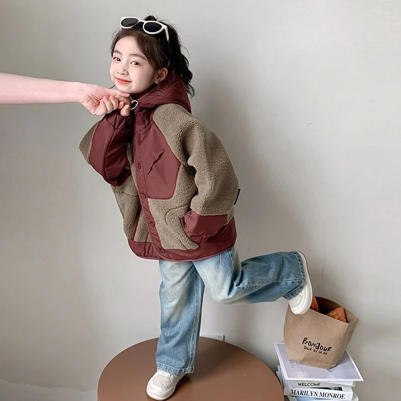 女童外套秋冬款2025新款洋气女孩冬装连帽上衣儿童装羊羔绒毛毛衣