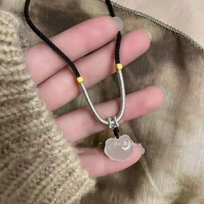 铜合金玻璃项链 新中式项链禅意如意锁宝宝吊坠复古玉石清冷挂件