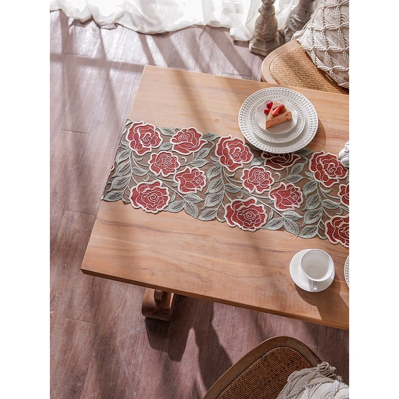 4487刺绣桌旗美式复古中间长条桌布蕾丝盖巾玫瑰轻奢鞋柜斗柜盖布