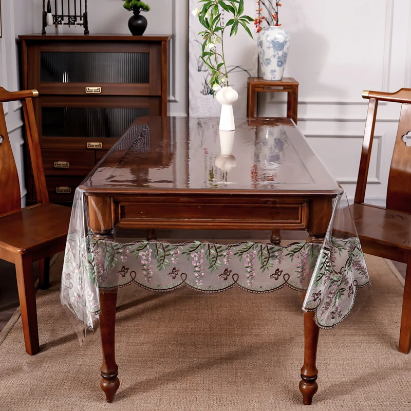 透明桌布防油防水防烫pvc软玻璃桌垫紫藤刺绣茶几餐桌布圆形