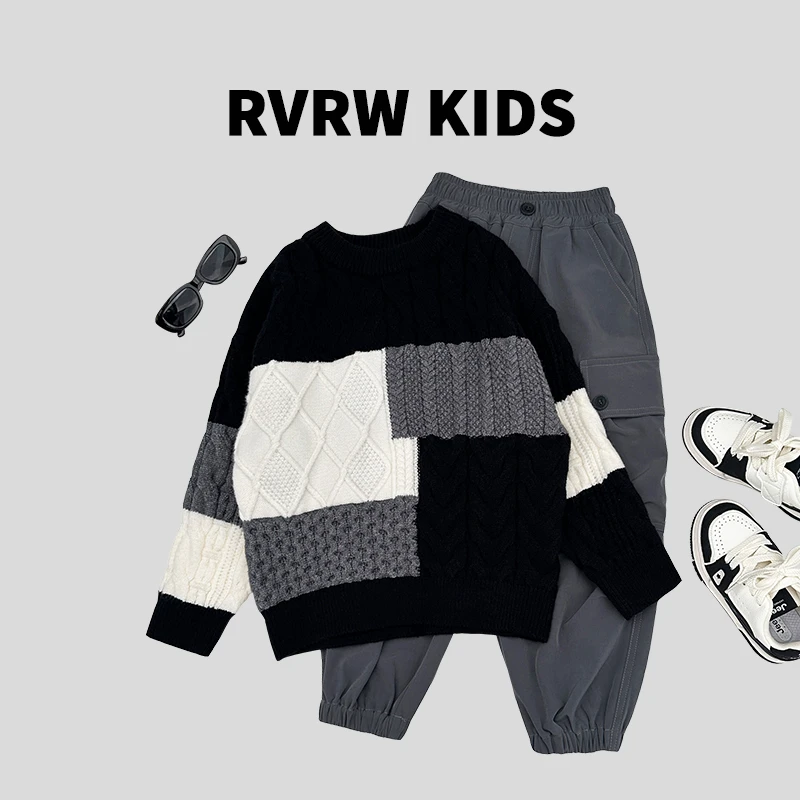 童装2024年冬季舒适保暖拼接儿童洋气时髦潮牌百搭毛衣 DY-GD038