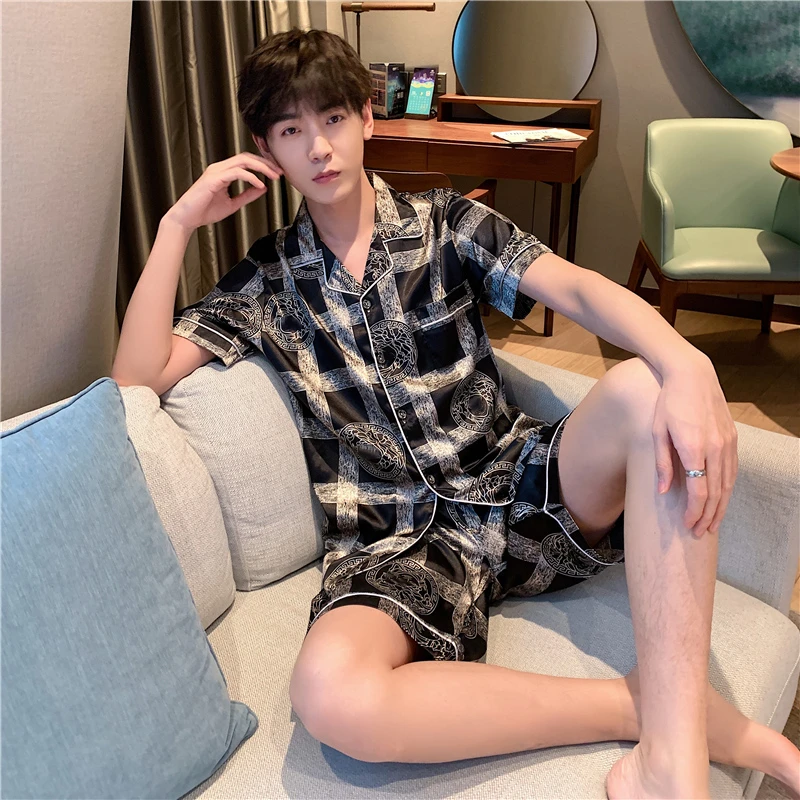 睡衣男士夏季夏天冰丝短袖短裤家居服夏款男款丝薄款套装透气简约