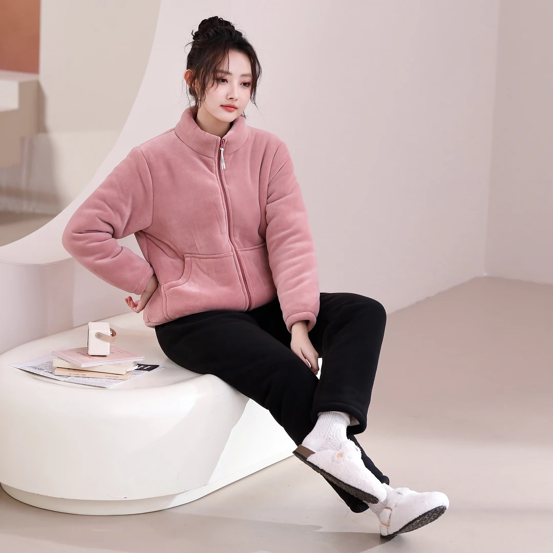 单件拉链立领海豚絾加絾保暖时尚休闲款秋冬保暖家居服外套可外穿