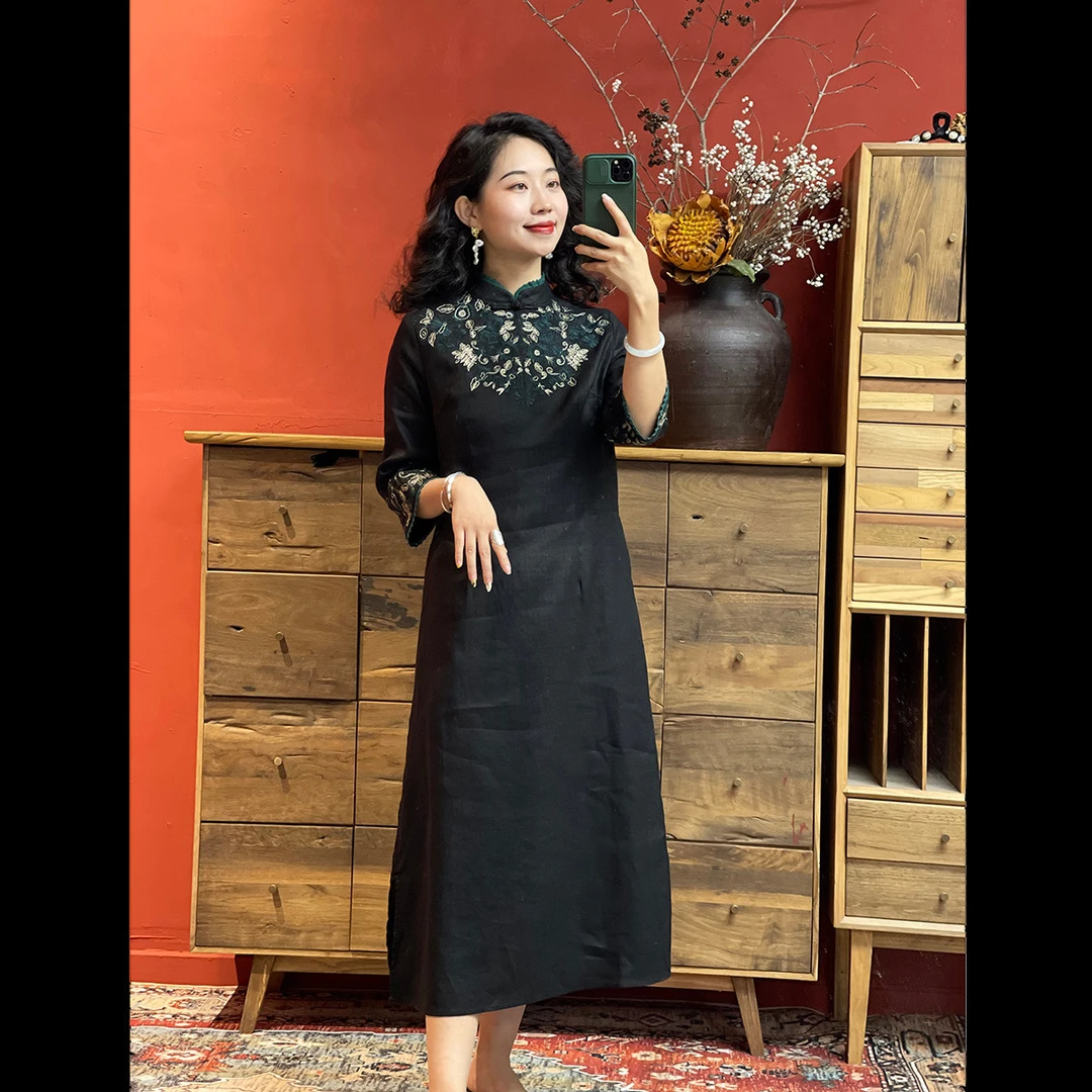 【小秋穿搭】国风民族风气质收腰设计感立领刺绣长裙连衣裙L732