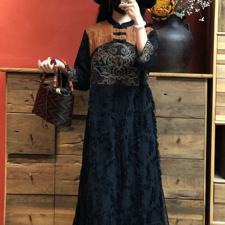 【小秋穿搭】国风民族风夏重工刺绣立领盘扣新中式连衣裙L90032