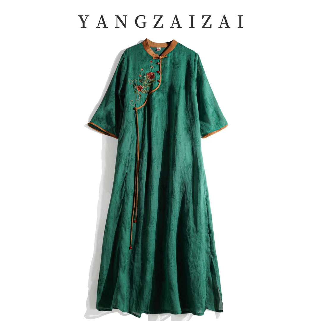 羊在在【青衫吟】新中式苎麻刺绣连衣裙夏季垂感显瘦L24XL1006