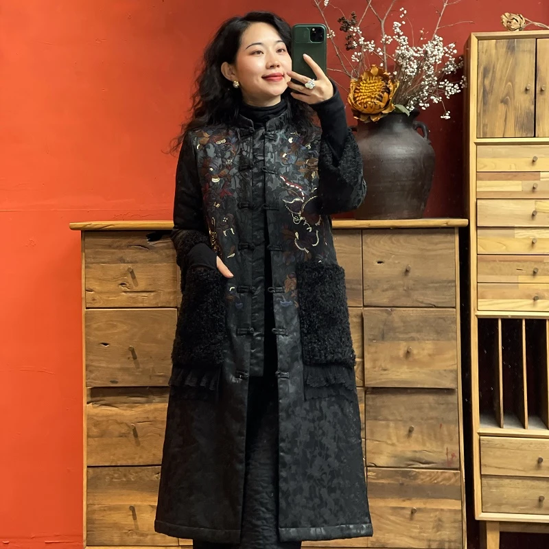 民族风复古重工刺绣立领对襟长款夹棉棉服MF092